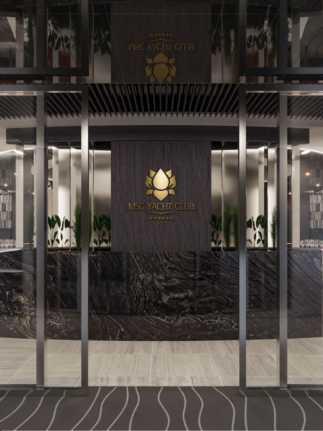 Вход в зону MSC Yacht Club с фирменной табличкой и лаундж-зоной