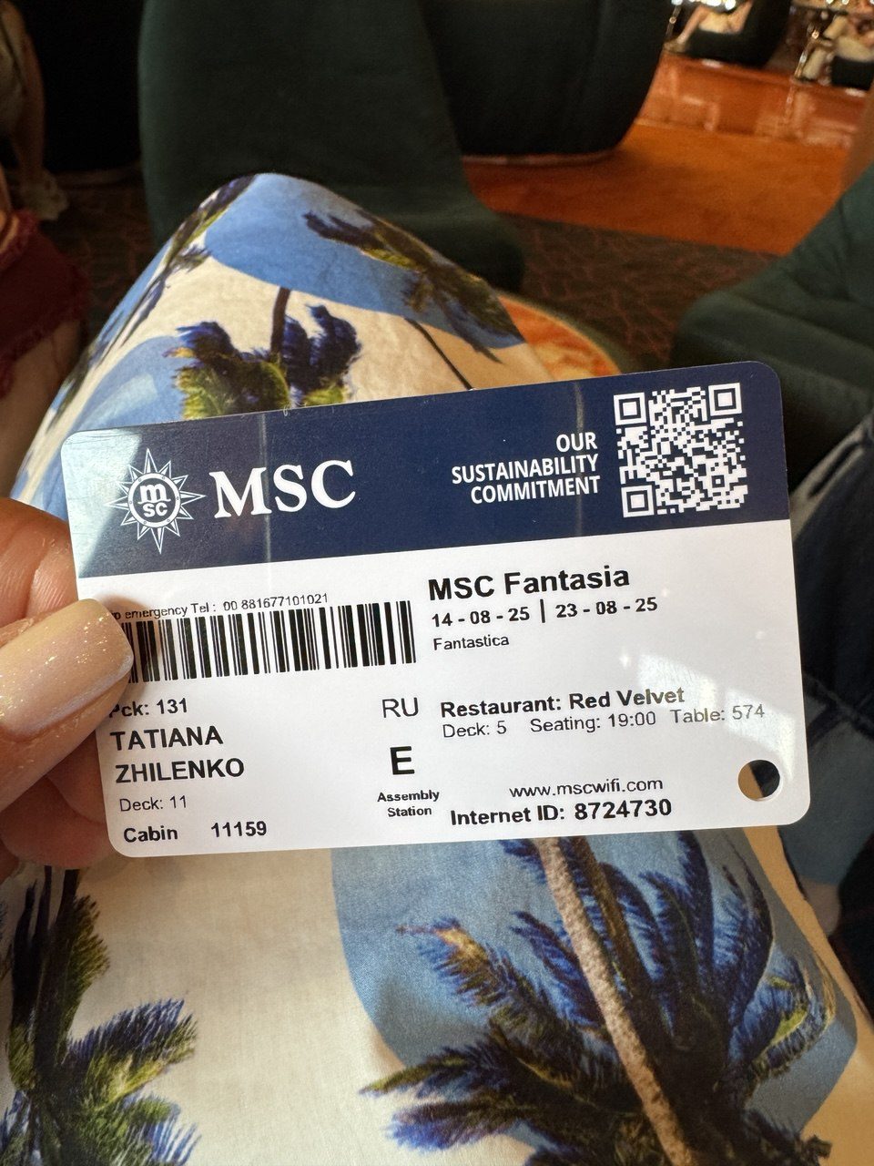 Посадочная карта MSC Fantasia на имя Tatiana Zhilenko, круиз 14–23 августа 2025 года